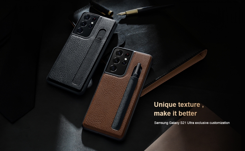 Ốp Lưng Samsung Galaxy S21 Ultra Nillkin Aoge Leather sử dụng vỏ PC chống va đập và da chất lượng cao kết cấu cổ điển, đường khâu chính xác, đẹp mắt ,có khay đựng bút